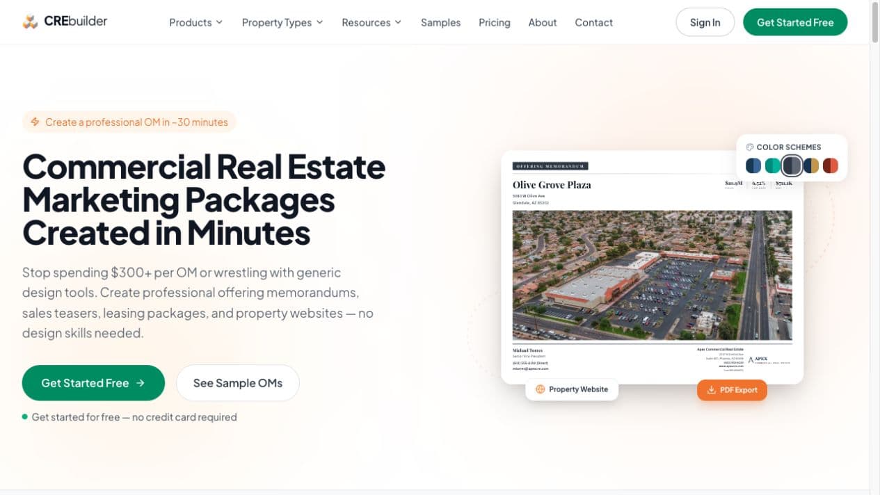 Current CREBuilder homepage showing its commercial real estate marketing package builder