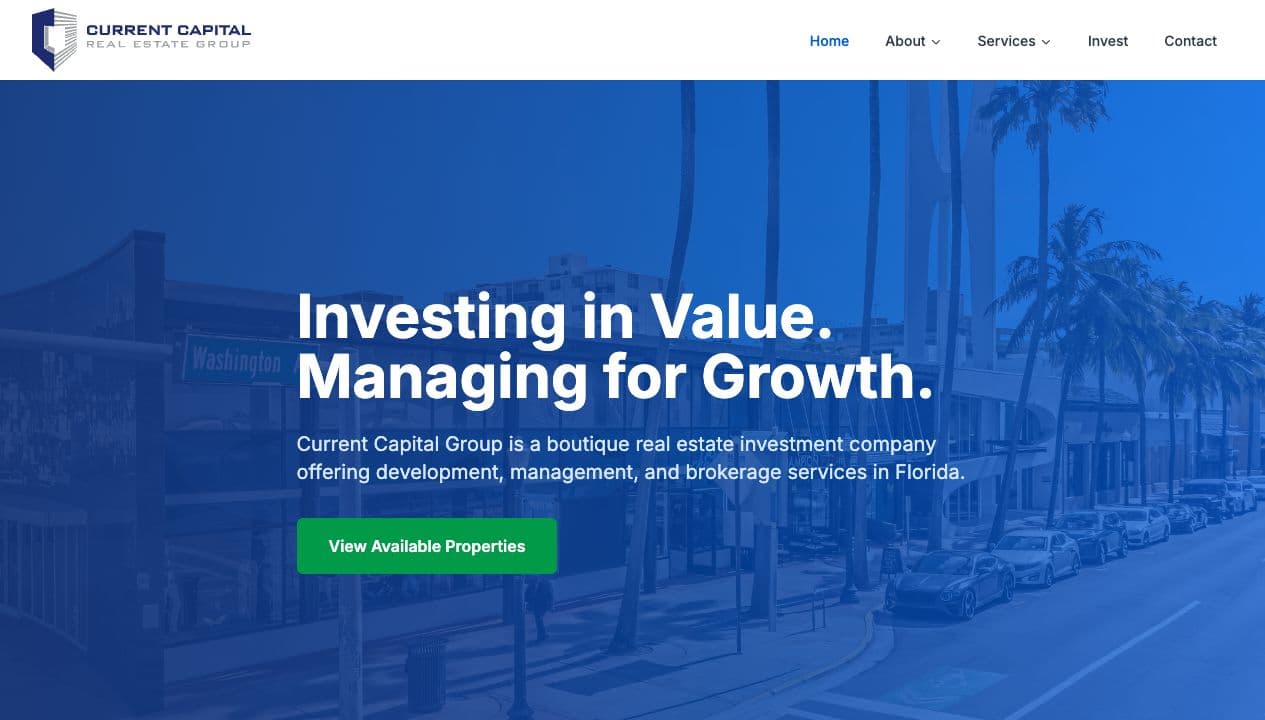 Current Capital Group homepage featuring its Florida commercial real estate portfolio