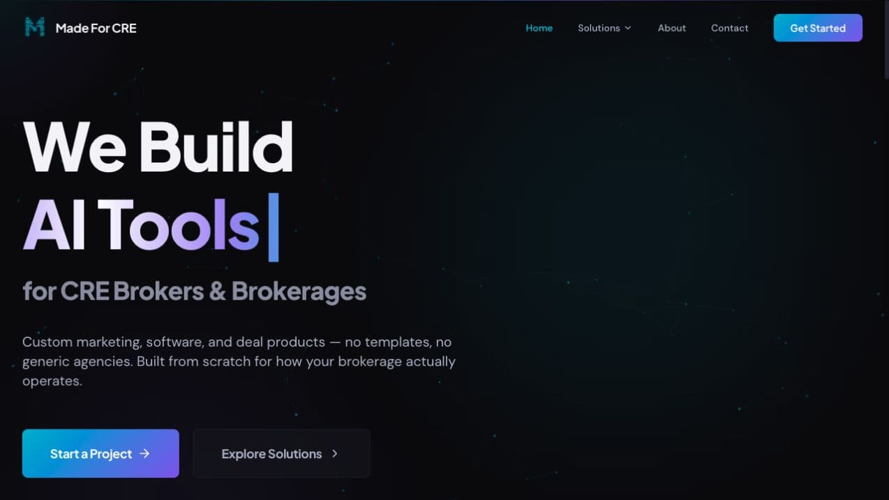 Made For CRE homepage featuring custom AI tools for CRE brokerages